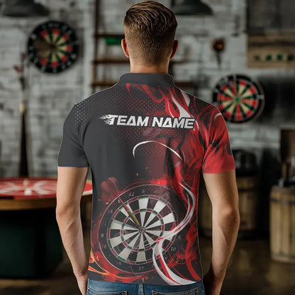 Custom Black And Red Flame Dart Team Polo Shirts For Men, Dart Tournament Shirts IPHW8502