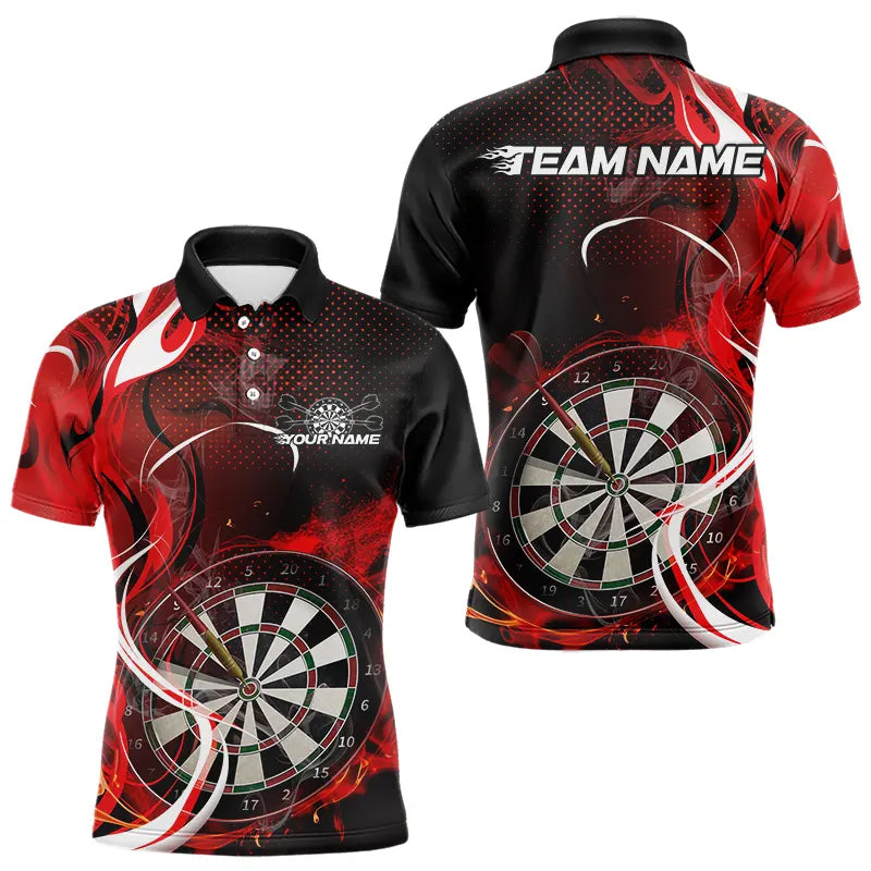 Custom Black And Red Flame Dart Team Polo Shirts For Men, Dart Tournament Shirts IPHW8502