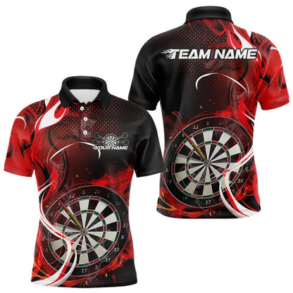 Custom Black And Red Flame Dart Team Polo Shirts For Men, Dart Tournament Shirts IPHW8502
