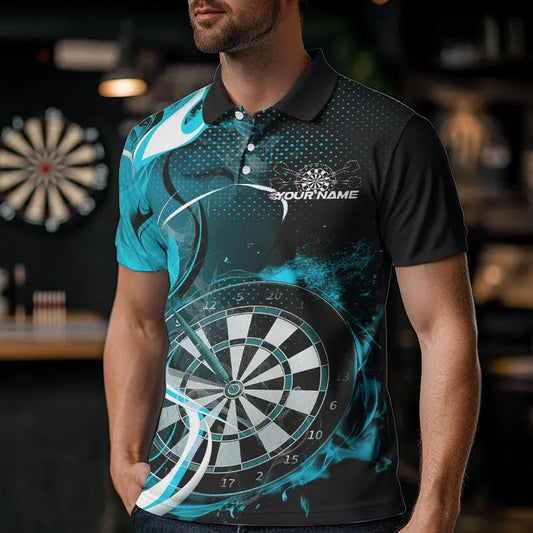 Custom Black And Blue Flame Dart Team Polo Shirts For Men, Dart Tournament Shirts IPHW8503