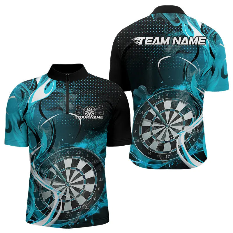Custom Black And Blue Flame Dart Team Quarter-Zip Shirts For Men, Dart Tournament Shirts IPHW8503