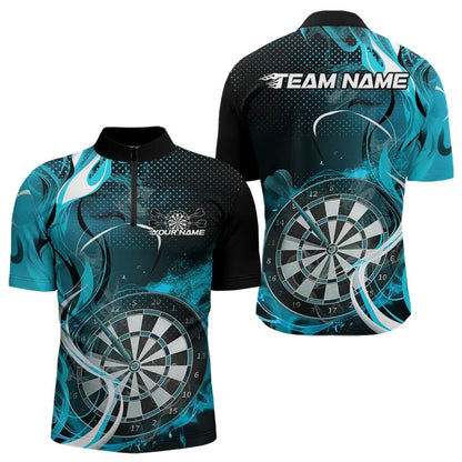 Custom Black And Blue Flame Dart Team Quarter-Zip Shirts For Men, Dart Tournament Shirts IPHW8503
