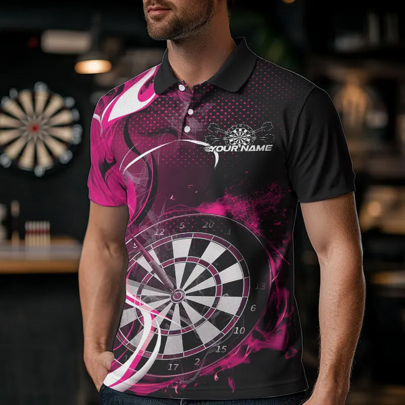 Custom Black And Pink Flame Dart Team Polo Shirts For Men, Dart Tournament Shirts IPHW8504