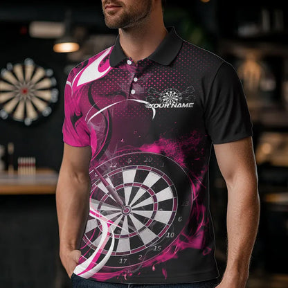 Custom Black And Pink Flame Dart Team Polo Shirts For Men, Dart Tournament Shirts IPHW8504