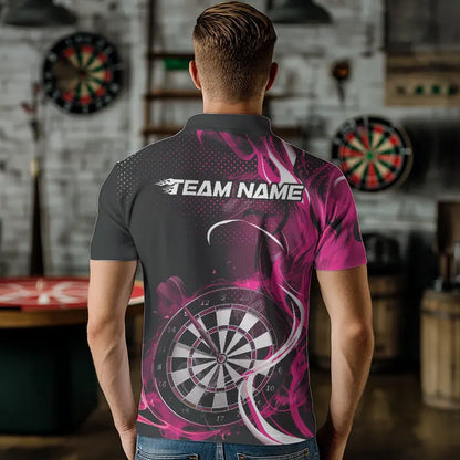 Custom Black And Pink Flame Dart Team Polo Shirts For Men, Dart Tournament Shirts IPHW8504