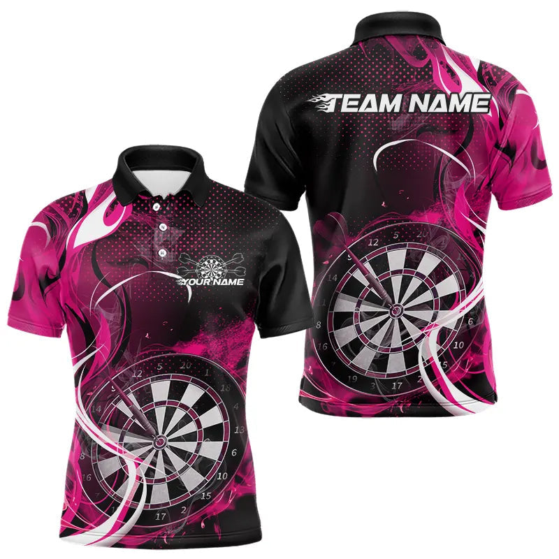 Custom Black And Pink Flame Dart Team Polo Shirts For Men, Dart Tournament Shirts IPHW8504