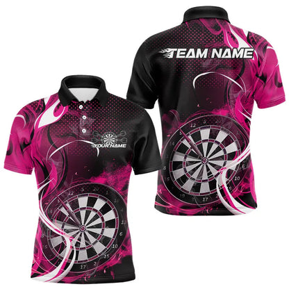 Custom Black And Pink Flame Dart Team Polo Shirts For Men, Dart Tournament Shirts IPHW8504