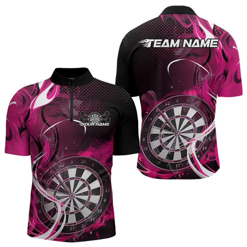 Custom Black And Pink Flame Dart Team Quarter-Zip Shirts For Men, Dart Tournament Shirts IPHW8504