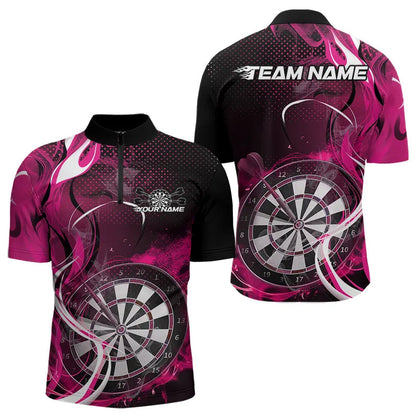 Custom Black And Pink Flame Dart Team Quarter-Zip Shirts For Men, Dart Tournament Shirts IPHW8504