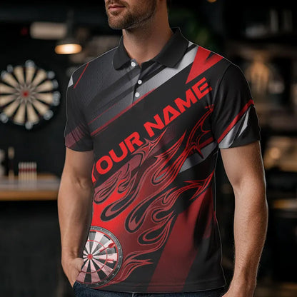 Custom Black And Red Flame Dartboard Dart Team Polo Shirts For Men, Fire Dart Jerseys IPHW8505