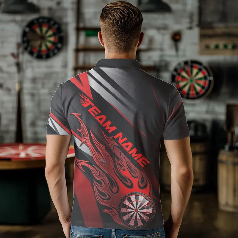 Custom Black And Red Flame Dartboard Dart Team Polo Shirts For Men, Fire Dart Jerseys IPHW8505