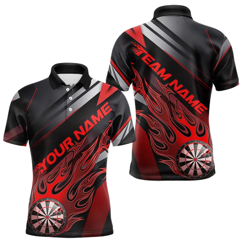 Custom Black And Red Flame Dartboard Dart Team Polo Shirts For Men, Fire Dart Jerseys IPHW8505