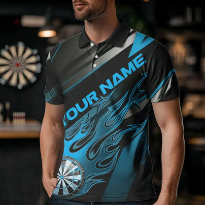 Custom Black And Blue Flame Dartboard Dart Team Polo Shirts For Men, Fire Dart Jerseys IPHW8506