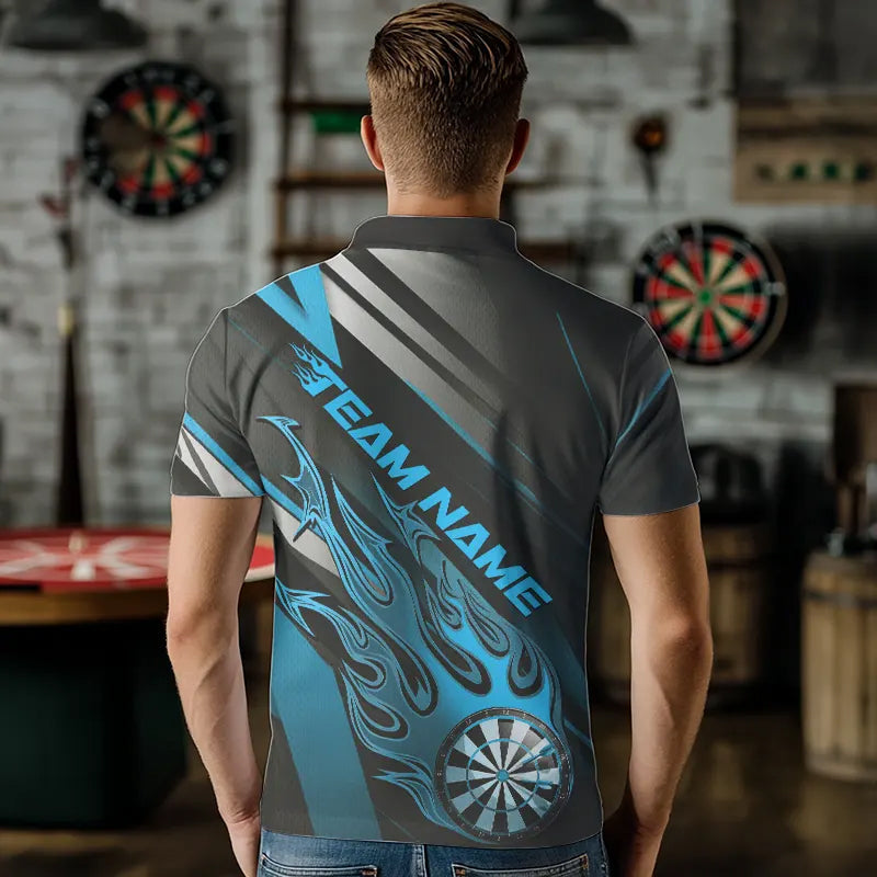 Custom Black And Blue Flame Dartboard Dart Team Polo Shirts For Men, Fire Dart Jerseys IPHW8506