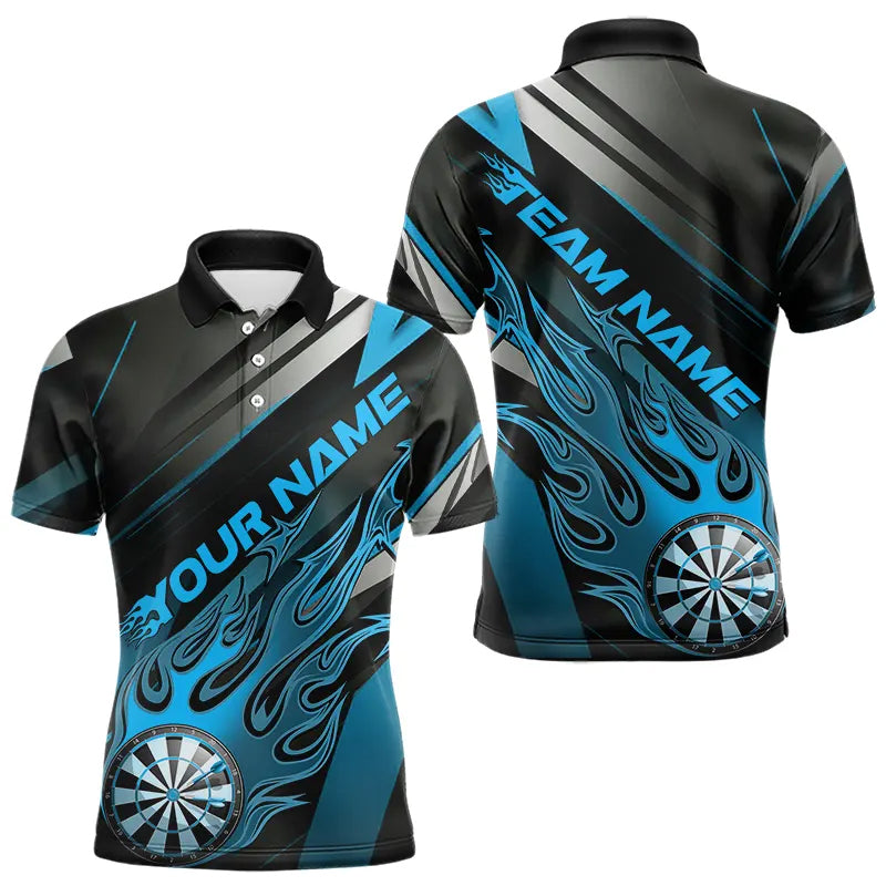 Custom Black And Blue Flame Dartboard Dart Team Polo Shirts For Men, Fire Dart Jerseys IPHW8506