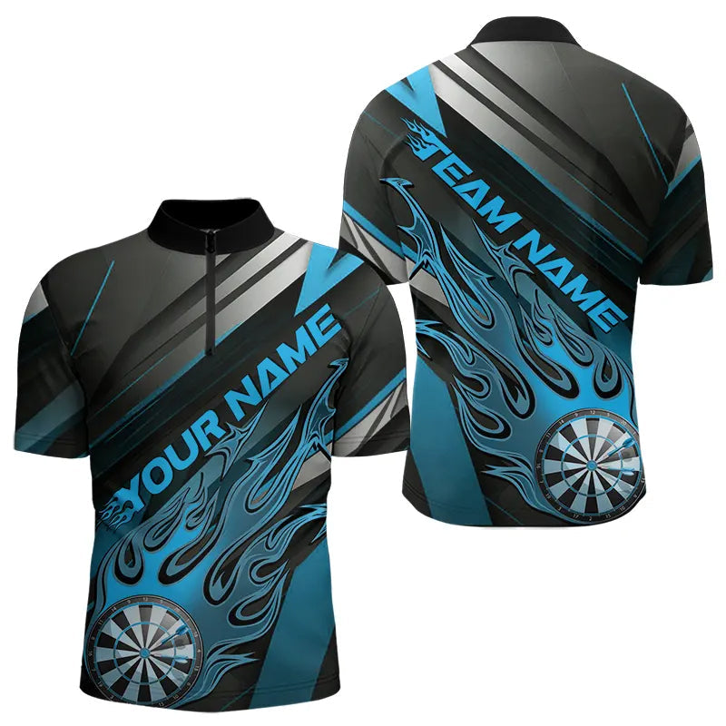 Custom Black And Blue Flame Dartboard Dart Team Quarter-Zip Shirts For Men, Fire Dart Jerseys IPHW8506