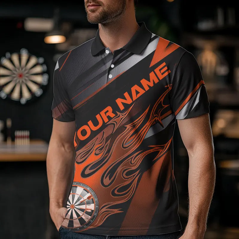 Custom Black And Orange Flame Dartboard Dart Team Polo Shirts For Men, Fire Dart Jerseys IPHW8507