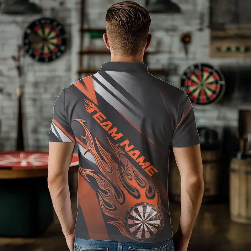 Custom Black And Orange Flame Dartboard Dart Team Polo Shirts For Men, Fire Dart Jerseys IPHW8507