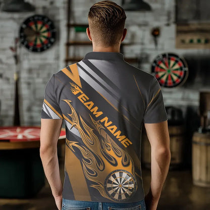 Custom Black And Yellow Flame Dartboard Dart Team Polo Shirts For Men, Fire Dart Jerseys IPHW8508