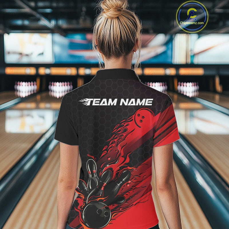 Custom Black And Red Flame Bowling Team Shirts, Bowling League Shirt Women Bowling Jersey IPHW10574