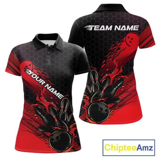 Custom Black And Red Flame Bowling Team Shirts, Bowling League Shirt Women Bowling Jersey IPHW10574