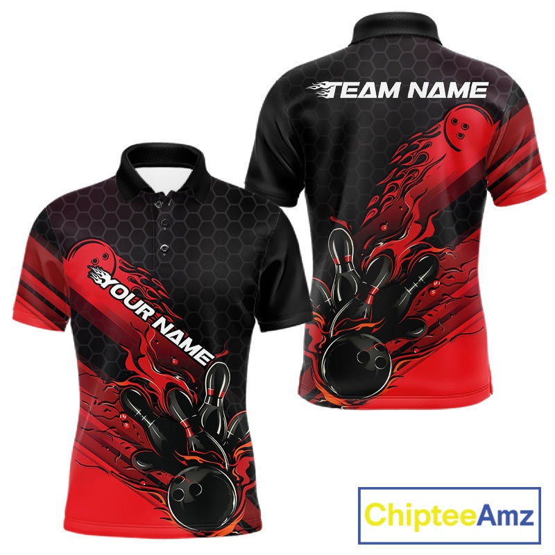 Custom Black And Red Flame Bowling Team Shirts, Bowling League Shirt Men Bowling Jersey IPHW10574