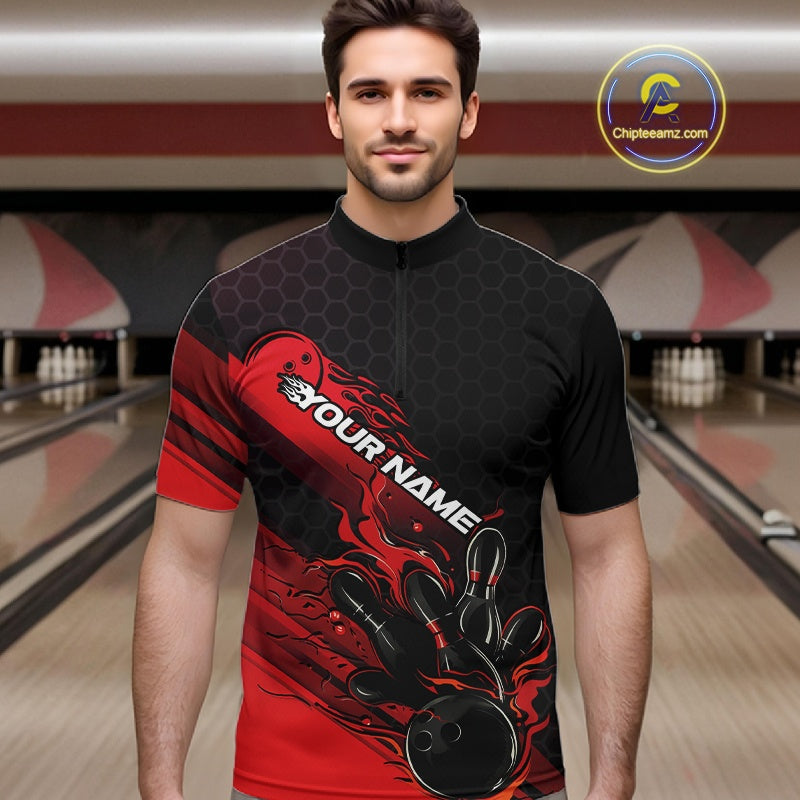 Custom Black And Red Flame Bowling Team Shirts, Bowling League Shirt Men Bowling Jersey IPHW10574
