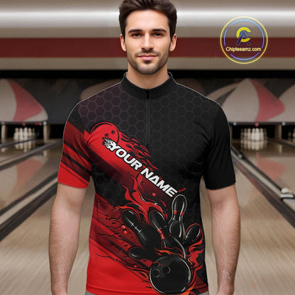 Custom Black And Red Flame Bowling Team Shirts, Bowling League Shirt Men Bowling Jersey IPHW10574