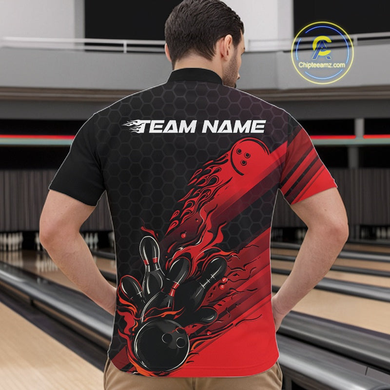 Custom Black And Red Flame Bowling Team Shirts, Bowling League Shirt Men Bowling Jersey IPHW10574