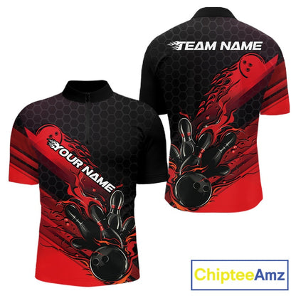 Custom Black And Red Flame Bowling Team Shirts, Bowling League Shirt Men Bowling Jersey IPHW10574