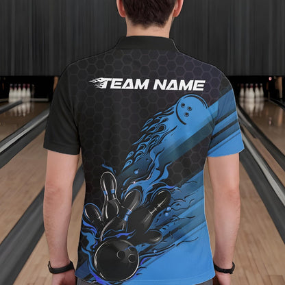 Custom Black And Blue Flame Bowling Team Shirts, Bowling League Shirt Men Bowling Jersey IPHW10575