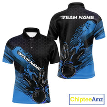 Load image into Gallery viewer, Custom Black And Blue Flame Bowling Team Shirts, Bowling League Shirt Men Bowling Jersey IPHW10575