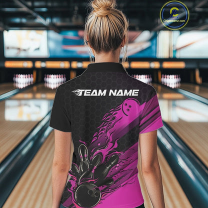 Custom Black And Pink Flame Bowling Team Shirts, Bowling League Shirt Women Bowling Jersey IPHW10576