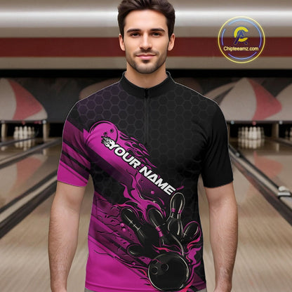 Custom Black And Pink Flame Bowling Team Shirts, Bowling League Shirt Men Bowling Jersey IPHW10576