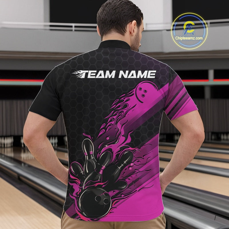 Custom Black And Pink Flame Bowling Team Shirts, Bowling League Shirt Men Bowling Jersey IPHW10576