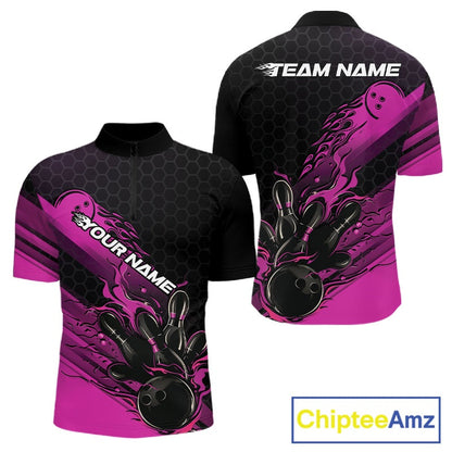 Custom Black And Pink Flame Bowling Team Shirts, Bowling League Shirt Men Bowling Jersey IPHW10576