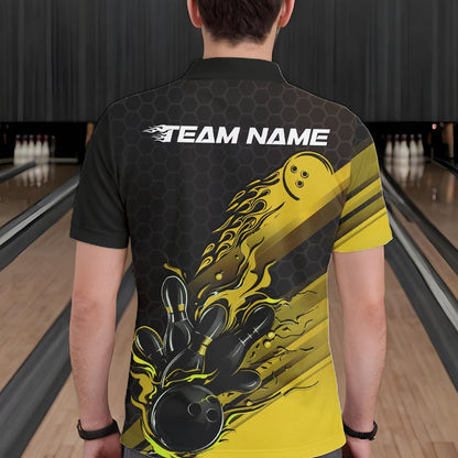 Custom Black And Yellow Flame Bowling Team Shirts, Bowling League Shirt Men Bowling Jersey IPHW10577