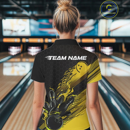 Custom Black And Yellow Flame Bowling Team Shirts, Bowling League Shirt Women Bowling Jersey IPHW10577