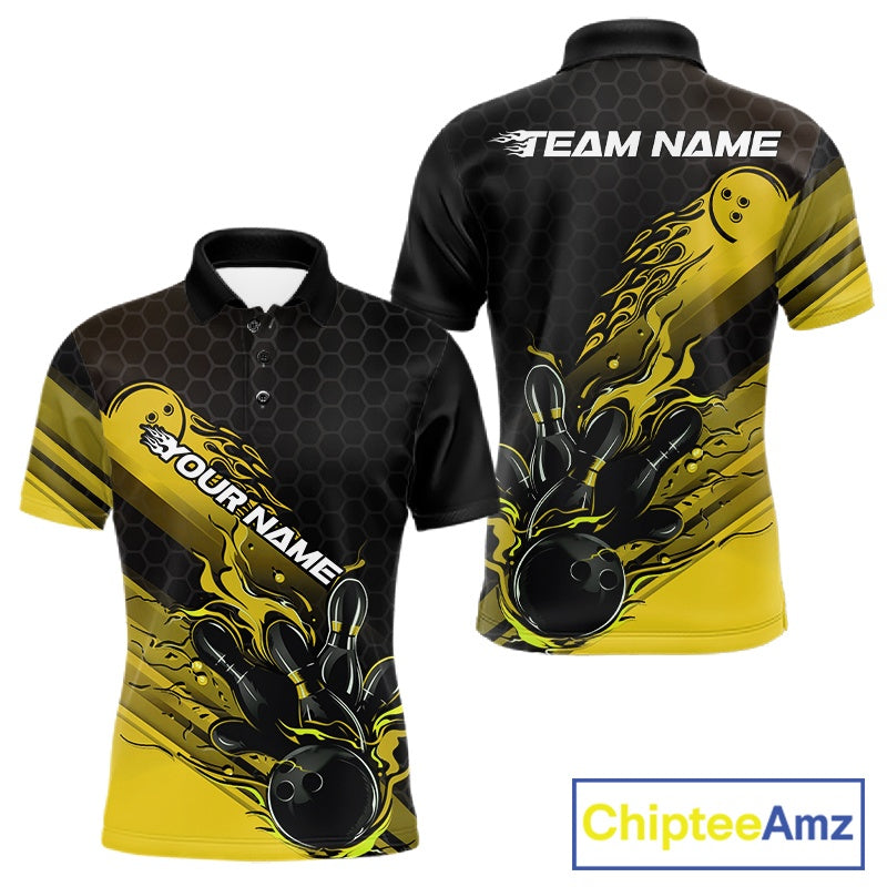 Custom Black And Yellow Flame Bowling Team Shirts, Bowling League Shirt Men Bowling Jersey IPHW10577