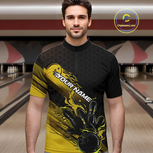 Custom Black And Yellow Flame Bowling Team Shirts, Bowling League Shirt Men Bowling Jersey IPHW10577