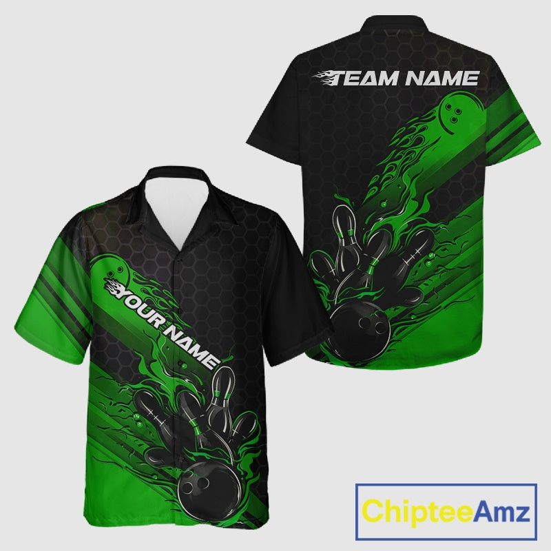 Custom Black And Green Flame Bowling Team Shirts, Bowling League Shirt Men And Women Bowling Jersey IPHW10578