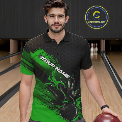 Custom Black And Green Flame Bowling Team Shirts, Bowling League Shirt Men Bowling Jersey IPHW10578