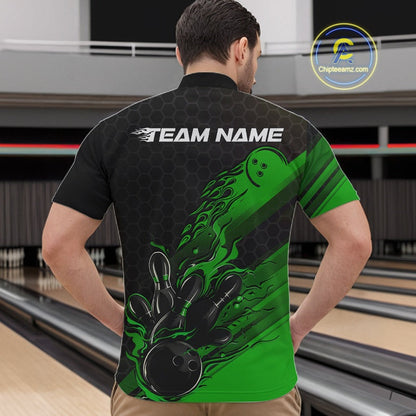 Custom Black And Green Flame Bowling Team Shirts, Bowling League Shirt Men Bowling Jersey IPHW10578
