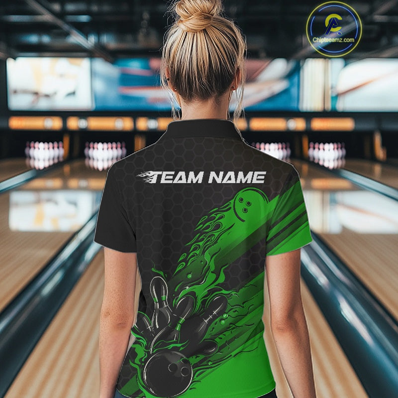 Custom Black And Green Flame Bowling Team Shirts, Bowling League Shirt Women Jersey IPHW10578