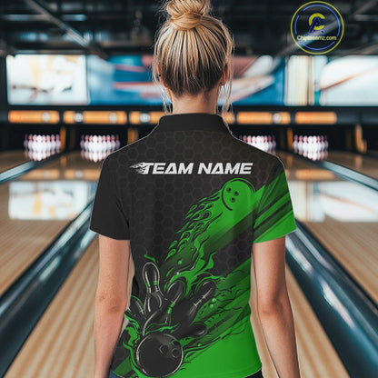 Custom Black And Green Flame Bowling Team Shirts, Bowling League Shirt Women Jersey IPHW10578