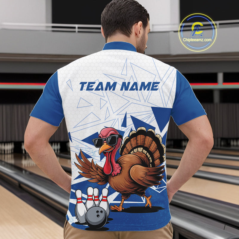 White And Blue Custom Funny Turkey Bowling Men Shirt, Bowling League Team Shirt IPHW10805