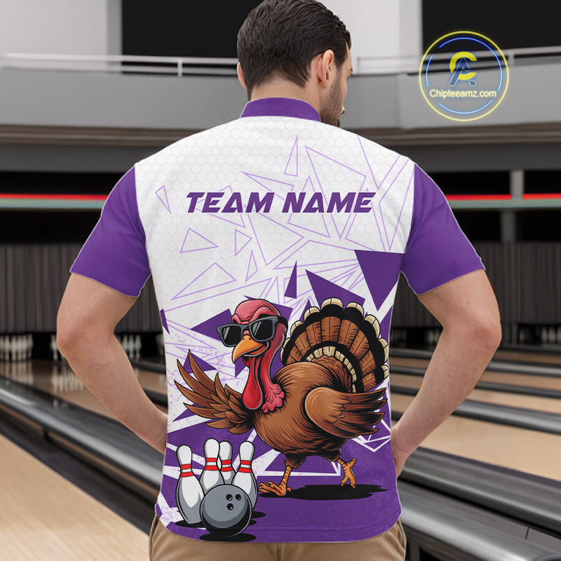 White And Purple Custom Funny Turkey Bowling Men Shirt, Bowling League Team Shirt IPHW10806