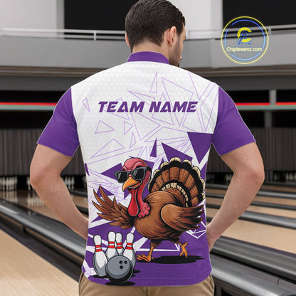 White And Purple Custom Funny Turkey Bowling Men Shirt, Bowling League Team Shirt IPHW10806