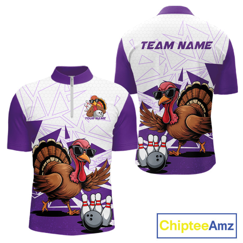 White And Purple Custom Funny Turkey Bowling Men Shirt, Bowling League Team Shirt IPHW10806