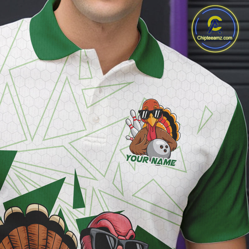 White And Green Custom Funny Turkey Bowling Men Shirt, Bowling League Team Shirt IPHW10808